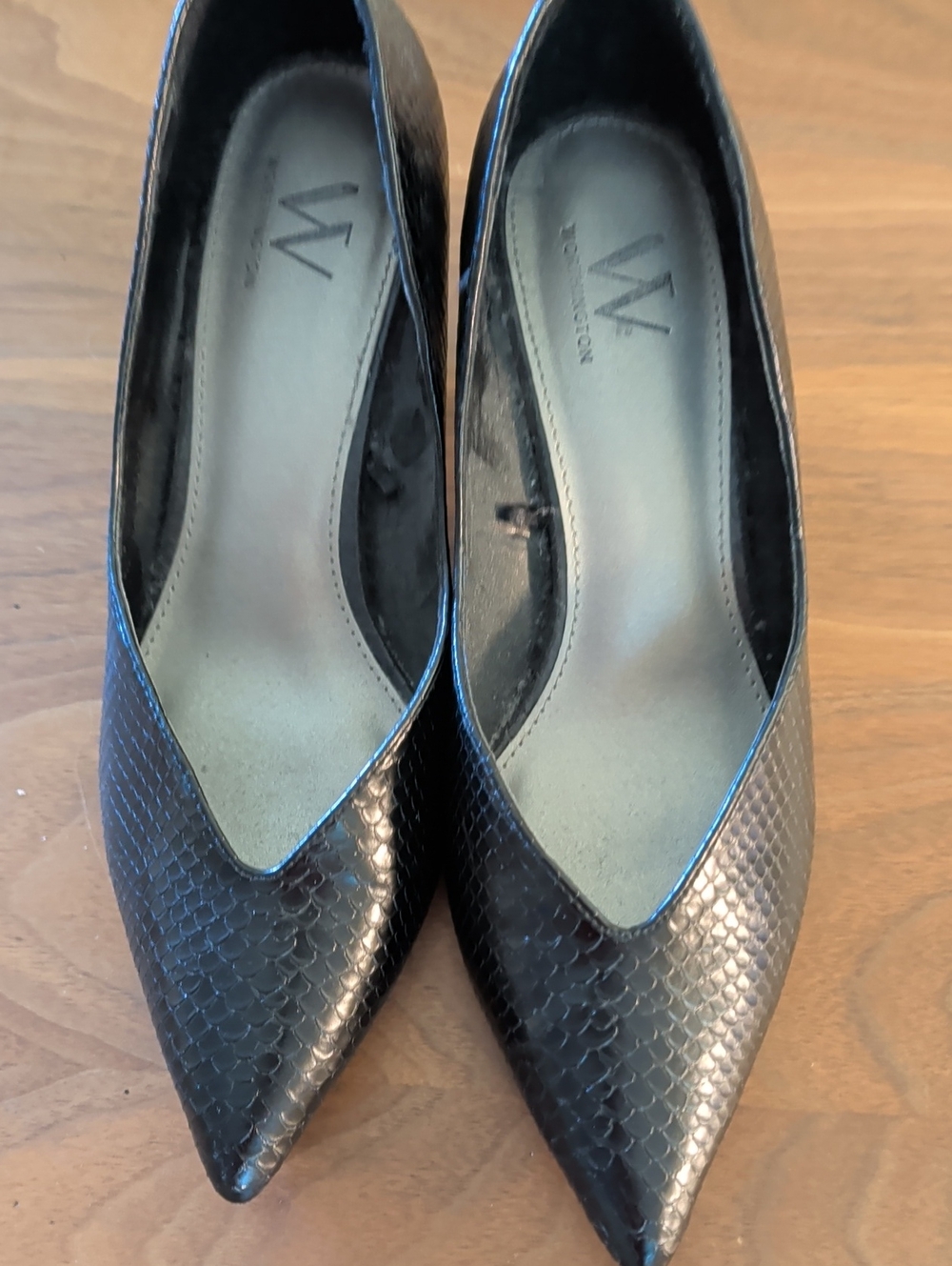 W by Worth Black Pointed Snake-Texture Flats